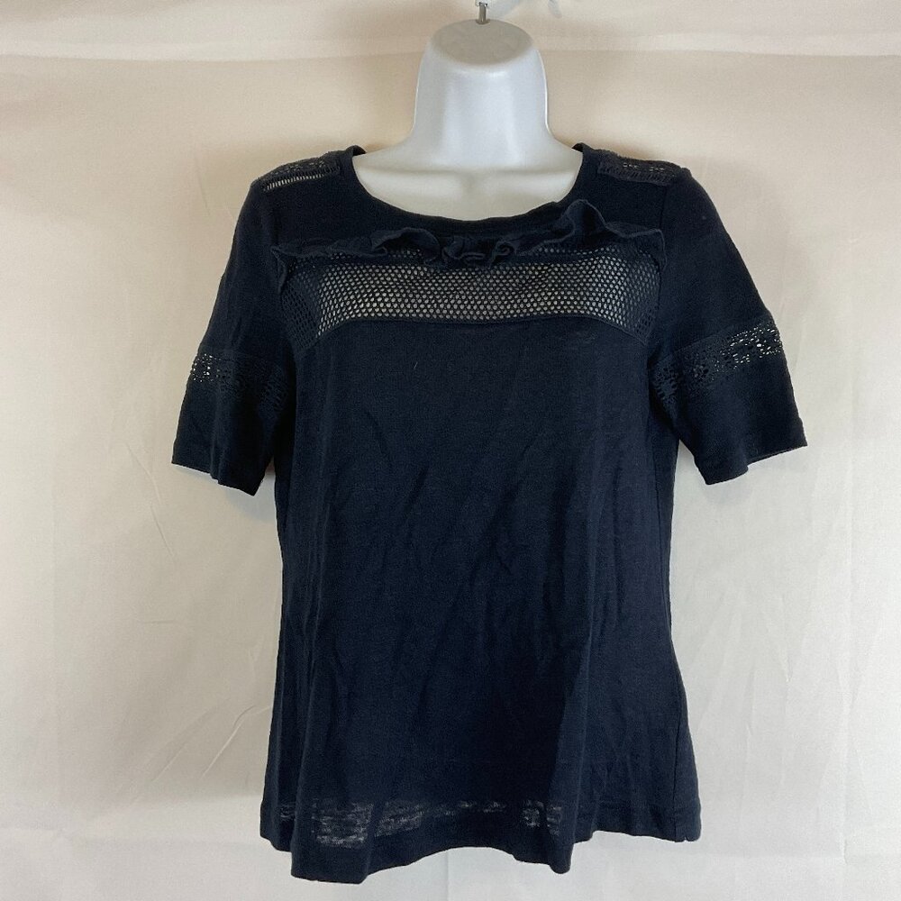 Rebecca Taylor Top XS Navy Blue Ruffle Semi-Sheer Detail Knit Short Sleeve